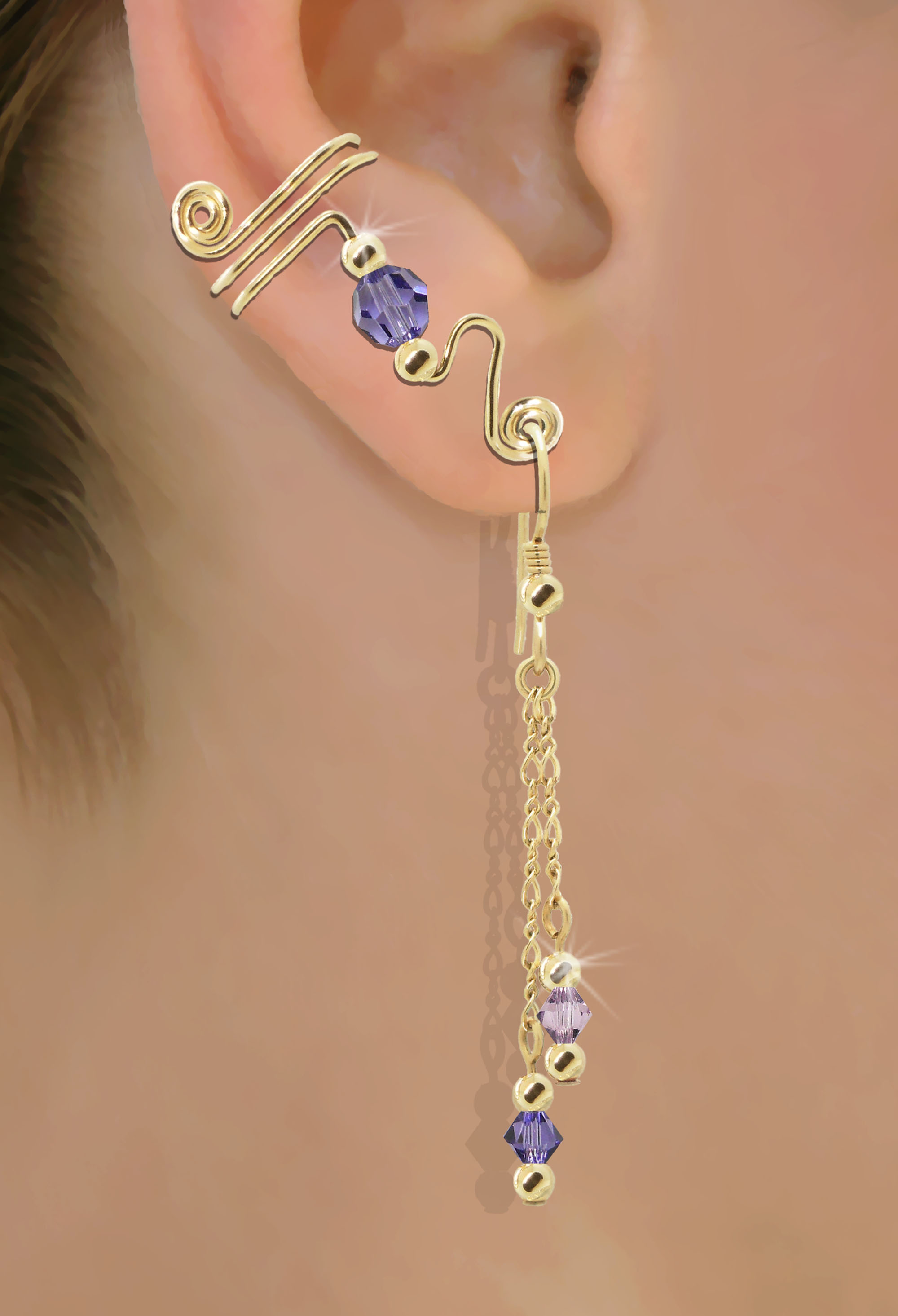 Ear Wrap with Swarovski Tanzanite and Light Amethyst Crystals